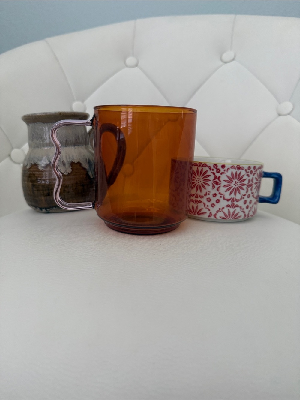 Amber Glass Mug with pink Curved Handle Bundle of 3 Boho Decor cups
